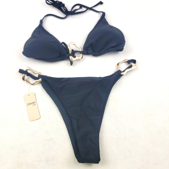 NWT Jimmi Swim black with gold hardware micro bikini in size Large - Picture 1 of 4